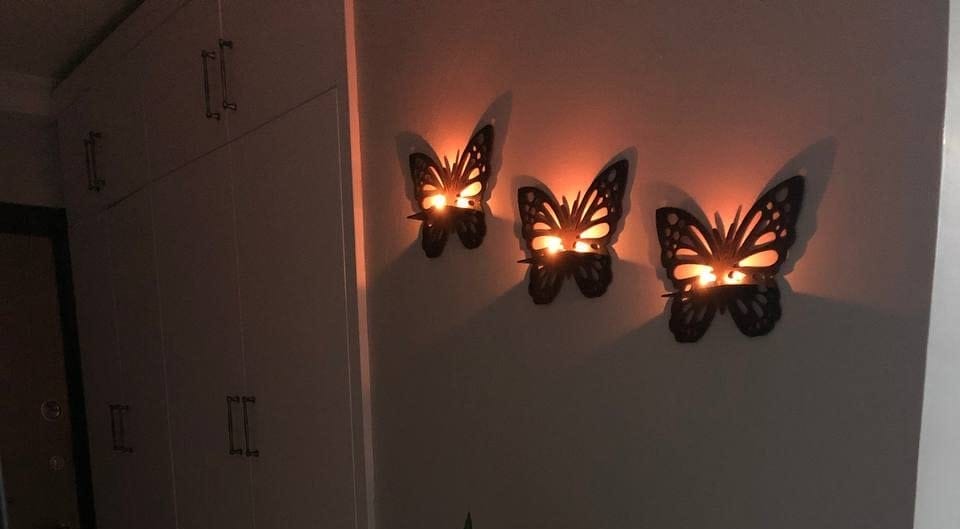 Butterfly Wall Shelf with LED Electronic Candle (Battery Operated) – 3 Pcs Set