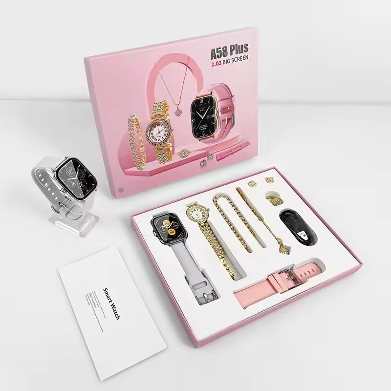 🛍️ A58 Plus Smart Watch & Luxury Jewellery Gift Set.