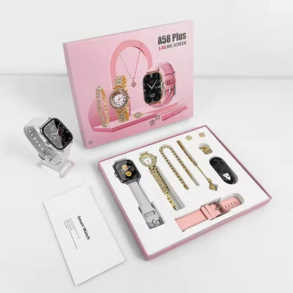 🛍️ A58 Plus Smart Watch & Luxury Jewellery Gift Set.