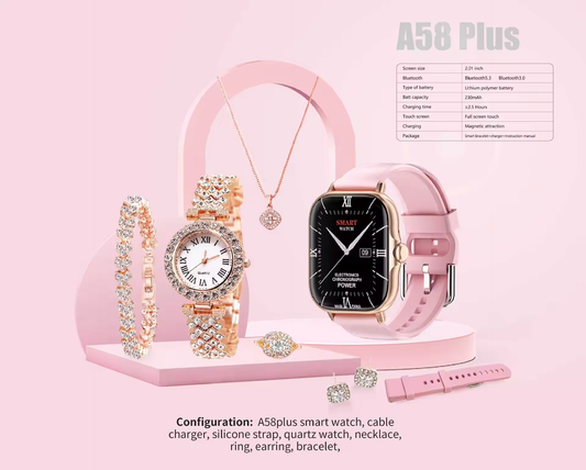 🛍️ A58 Plus Smart Watch & Luxury Jewellery Gift Set.