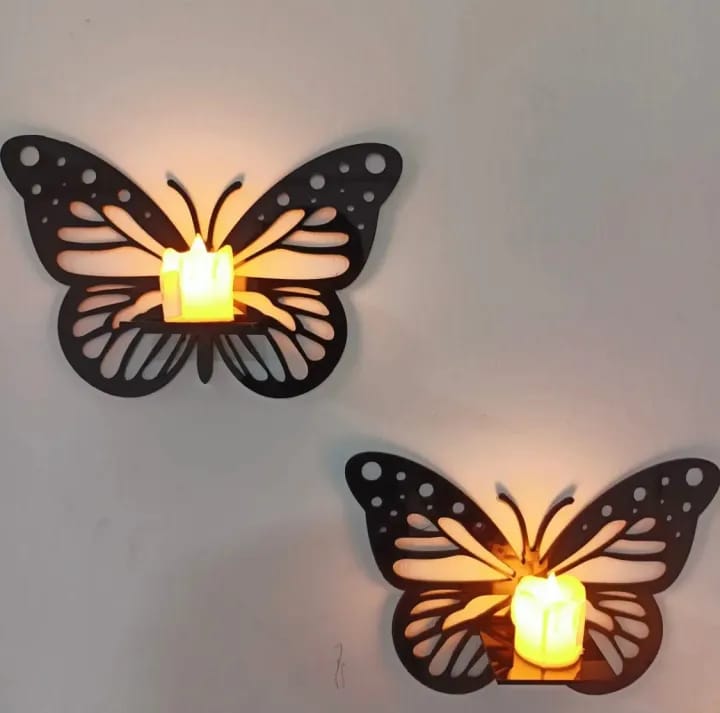 Butterfly Wall Shelf with LED Electronic Candle (Battery Operated) – 3 Pcs Set