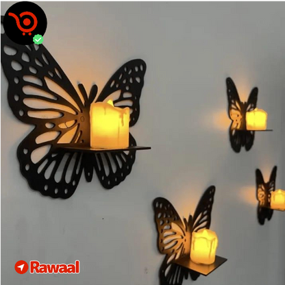 Butterfly Wall Shelf with LED Electronic Candle (Battery Operated) – 3 Pcs Set