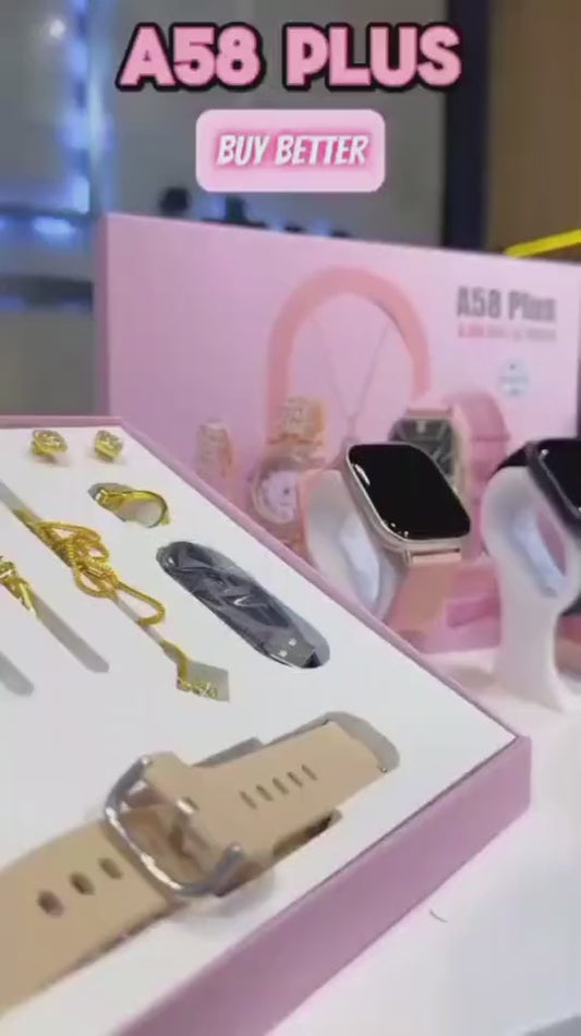 🛍️ A58 Plus Smart Watch & Luxury Jewellery Gift Set.